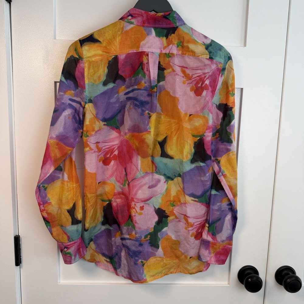 LRL Ralph Lauren Womens S Button Up Floral Silk Cotton Blouse Shirt Watercolors - Picture 9 of 15